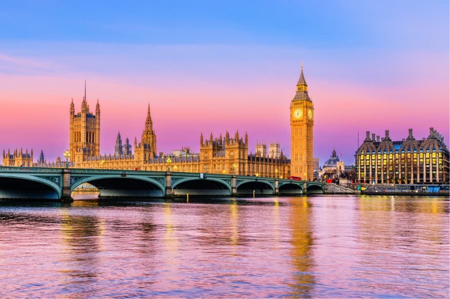 The Houses of Parliament and Big Ben across the Thames from Westminster Bridge at sunset
